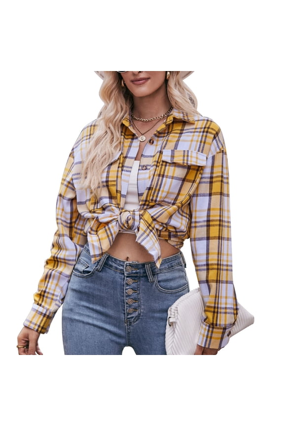 Plaids Flannel Shirts for Women Oversized Long Sleeve Button Down Blouses Tops