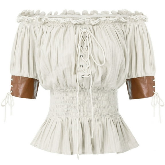 Yokua Renaissances Women's Blouse Medieval Half Sleeve Ruffled Lace Up Smocked Shirt