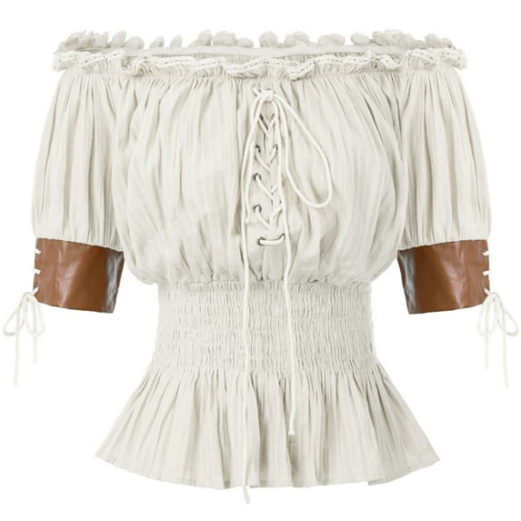 Yokua Renaissances Women's Blouse Medieval Half Sleeve Ruffled Lace Up Smocked Shirt