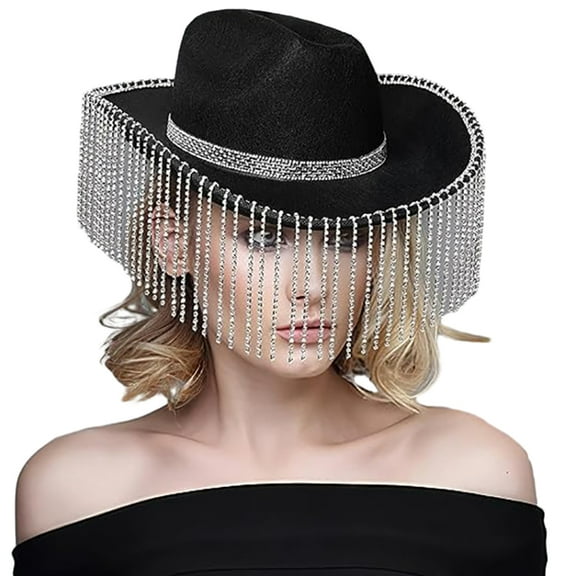 Yokua Rhinestones Tassels Cowboy Hat Party Cap Elegant Hats Clubwear Wide Brim Hat