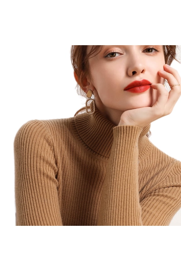 Ribbed Knit Turtleneck Sweater Women Thick Warm Simple Basic Solid Jumper Top