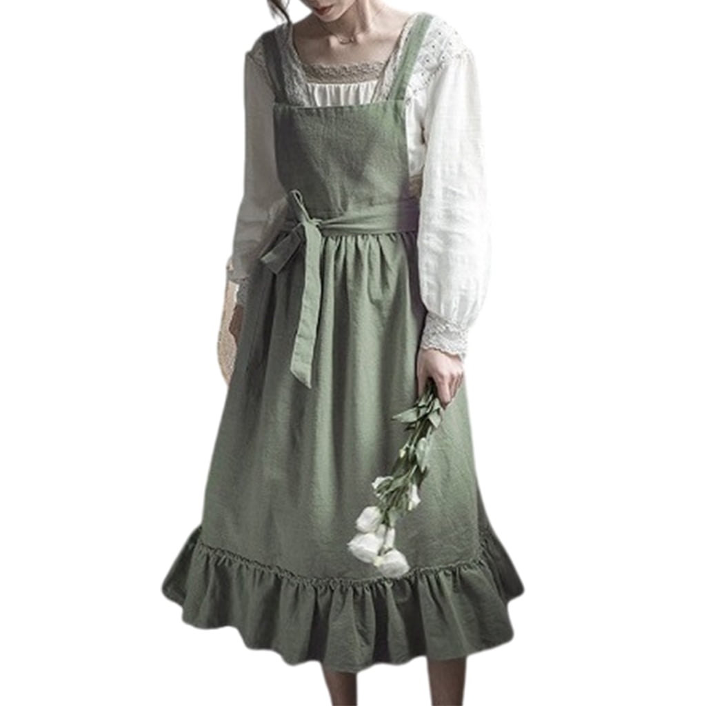 Yokua Ruffle Baking Apron Pinafore Dress Adjustable Maid Costume Apron with Pockets