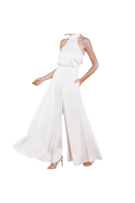Sexy Halter Neck Sleeveless Jumpsuits One-piece Trousers Satin Wide-leg Pants