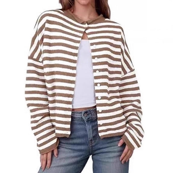 Yokua Soft Viscose Striped Knit Cardigan For Autumn Winter Commute And Office Wear