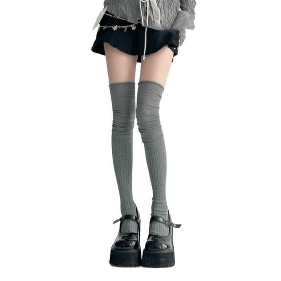 Yokua Solid Color Over Knee Long Socks Women Slouch Top Knitted Thigh High Stockings