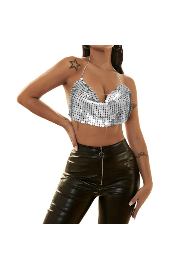 Sparkly Sequins Sexy Halter Camisole Tube Top Nightclub Body Chain for Womens