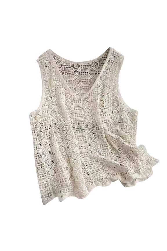 Summer Crochet Loose Vest Waistcoat Women Hollow-Out Knit Sleeveless Tank Top