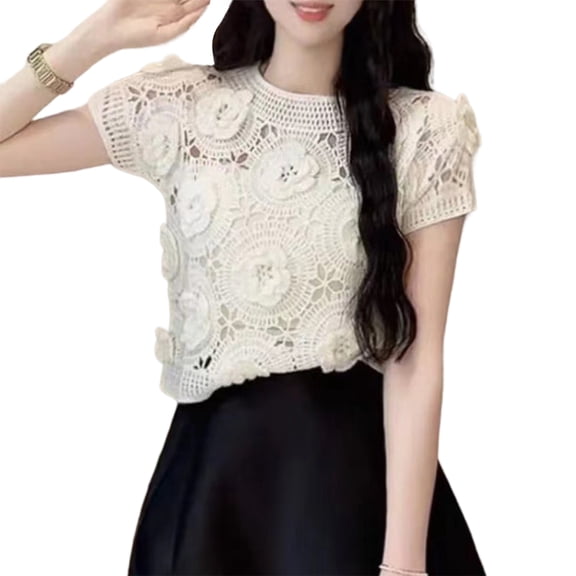 Yokua Trendy Crochet Lace Top with Wide Sleeves Hollow out Shirt Top for Layering