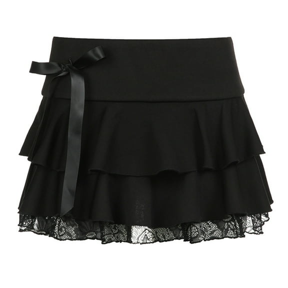 Yokua Trendy Solid Color Y2K Low Waist Pleated Skirt with Lace and Bow Detailing