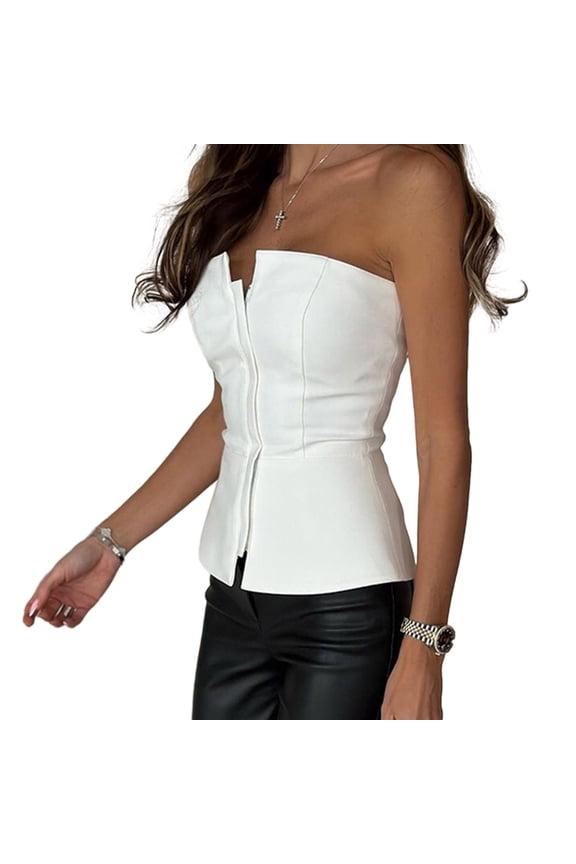 Versatile Zip Up Strapless Solid Color Bandeau Top with Fashionable Neckline