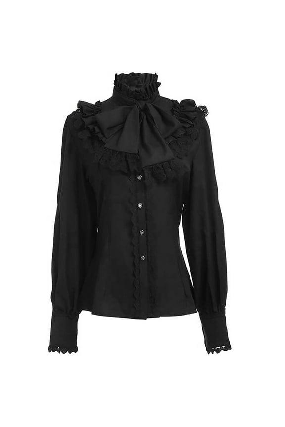 Victorian Bows Tie Top with Ruffle Lace Steampunk Cosplay Long Sleeve Blouse
