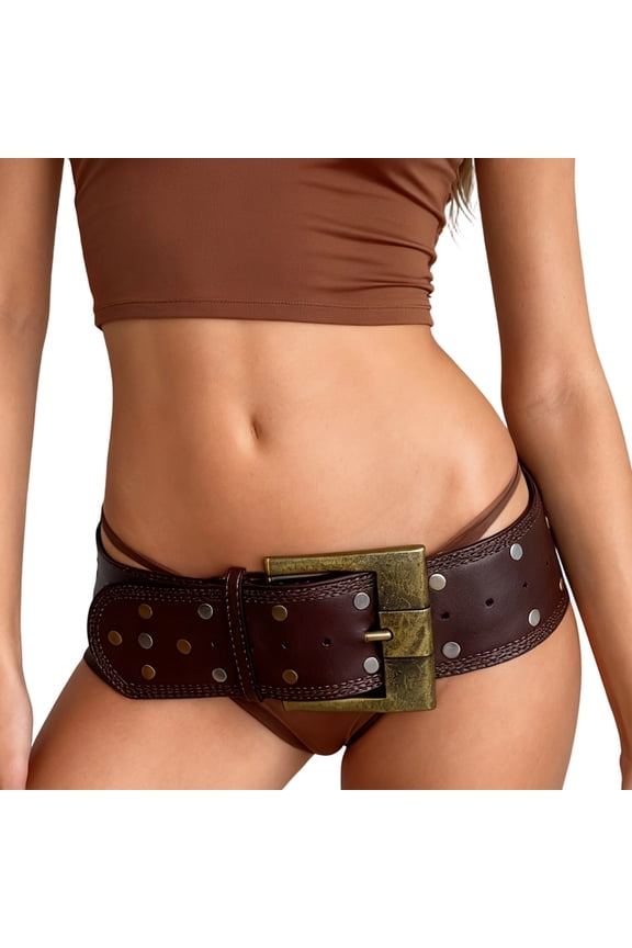 Wide PU Belt with Triple Row Rivets Stitching Adjustable Waistband Antique Strap