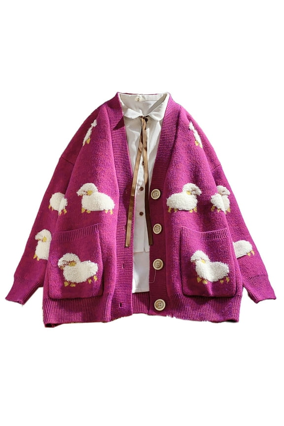 Winter Knitted Women Cardigan Cartoon Sheep Button V-Neck Loose Sweater Coat