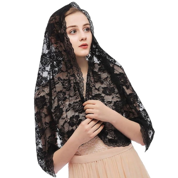 Yokua Woman Floral Veil Lace Trim Shawl for Mother Nun Wedding Party Headwear