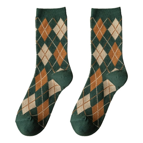 Yokua Women Autumn Ethnic Argyle Diamond Plaid Print Crew Socks Vintage College Preppy Style Student Cotton Mid-Calf Hosiery