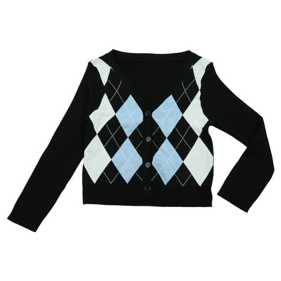 Yokua Women Autumn Long Sleeve Knitted Cardigan Preppy Style Vintage Argyle Plaid Sweater Coat Single Breasted Button Down Slim Crop Top Outwear