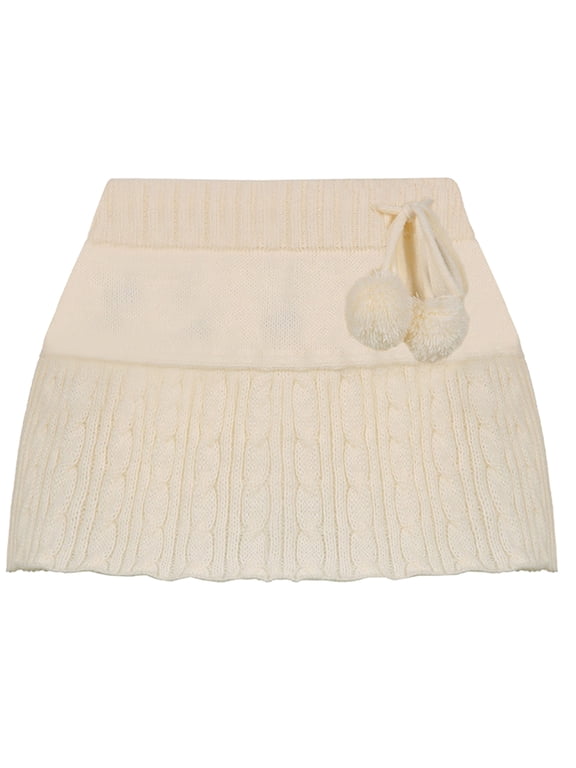 Women Autumn Sexy Low Waist Slim Fit Micro Mini Skirt with Hair Ball Lace-Up Drawstring Solid Twist Cable Knitted A-Line Flared Bottoms Clubwear