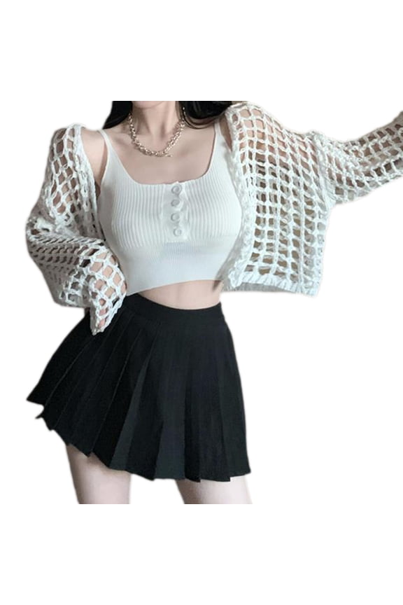 Women Autumn Solid Camisole Crop Top Hollow Crochet Mesh Net Sweater Cardigan