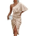 thumbnail image 1 of Yokua Women Batwing Sleeve One Shoulder Asymmetrical Ruched Wrap Midi Bodycon Dress, 1 of 19