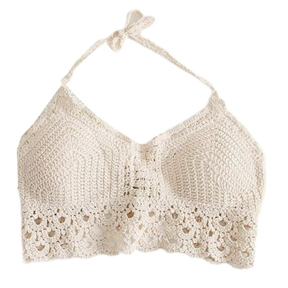 Yokua Women Beach Hollow Out Scalloped Hem Bikini Bra Crop Top Summer Crochet Halter V-Neck Sexy Backless Padded Camis Bustier