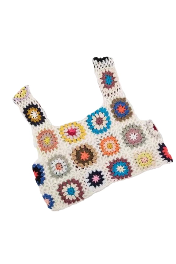 Women Beach Sleeveless Crop for Tank Top Handmade Hollow Out Crochet Knitted Mini Vest Boho Colorful Plaid Floral Shirts