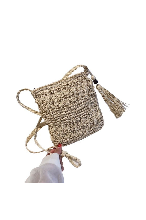 Women Beach Woven Straw Shoulder Messenger Bag with Tassel Boho Hollow Out Crochet Crossbody Handbag Macrame Clutch Purse with Zipper