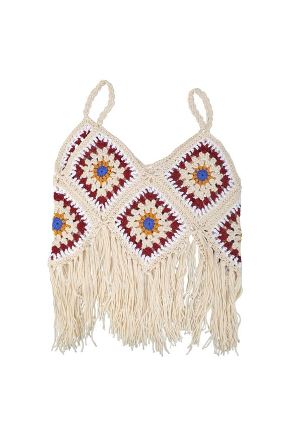 Women Boho Crochet Sleeveless Crop Top Tassel Hem V-Neck Diamond Plaid Camisole