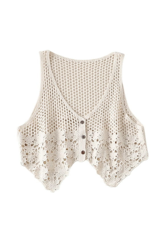 Women Boho Hollow Out Knit Sleeveless Vest Hippie Crochet Floral Short Cardigan V-Neck Button Solid Color Crop Waistcoat