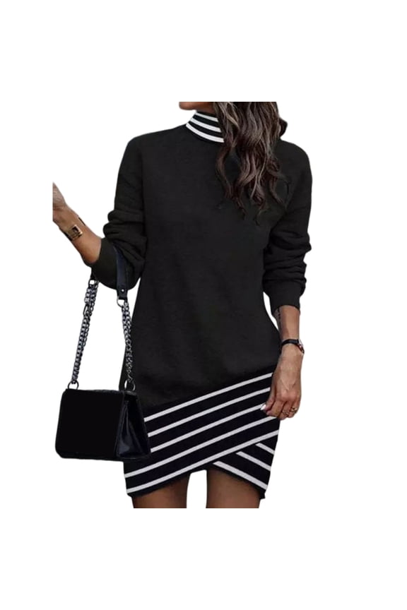 Women Casual Turtleneck Long Sleeve Wrap Hem Loose Pullover Sweatshirt Dresses