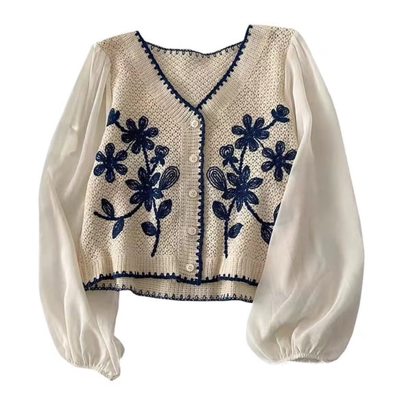Yokua Women Chiffon Puff Long Sleeve Crop Cardigan Crochet Knit Floral Buttons for Jac