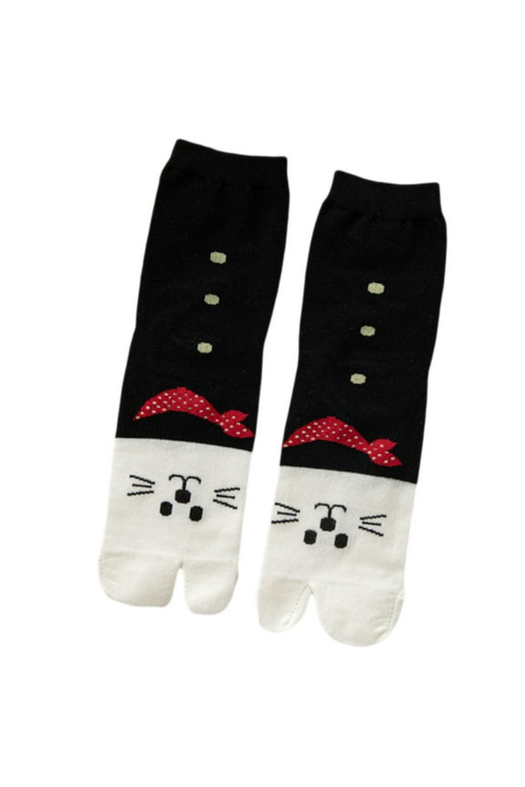 Women Cotton Split 2 Toe Kimono Tabi Crew Socks Japanese Style Cartoon for Cat Print Colorblock Flip Flop Sandal Hosiery
