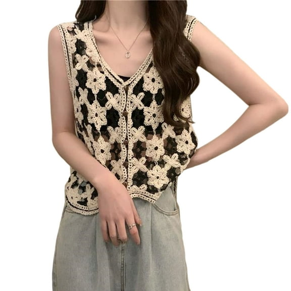 Yokua Women Crochet Knit Floral Boho Sleeveless Vest V-Neck Button Cropped Cardigan