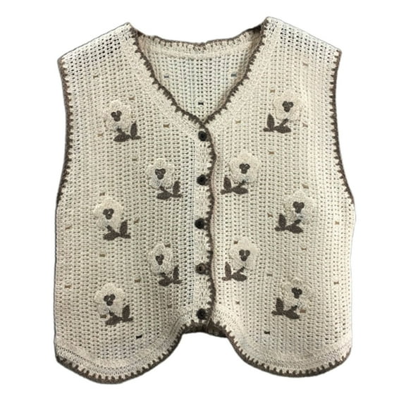 Yokua Women Crochet Knitted Florals Sleeveless Vest Cardigan Button Crop Top Sweater