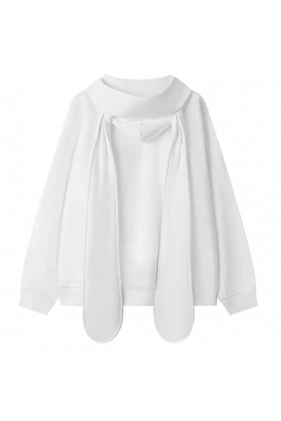 Women Cute Long Rabbit Ears Sweatshirt College Zipper Up Cropped Hoodie Jacket