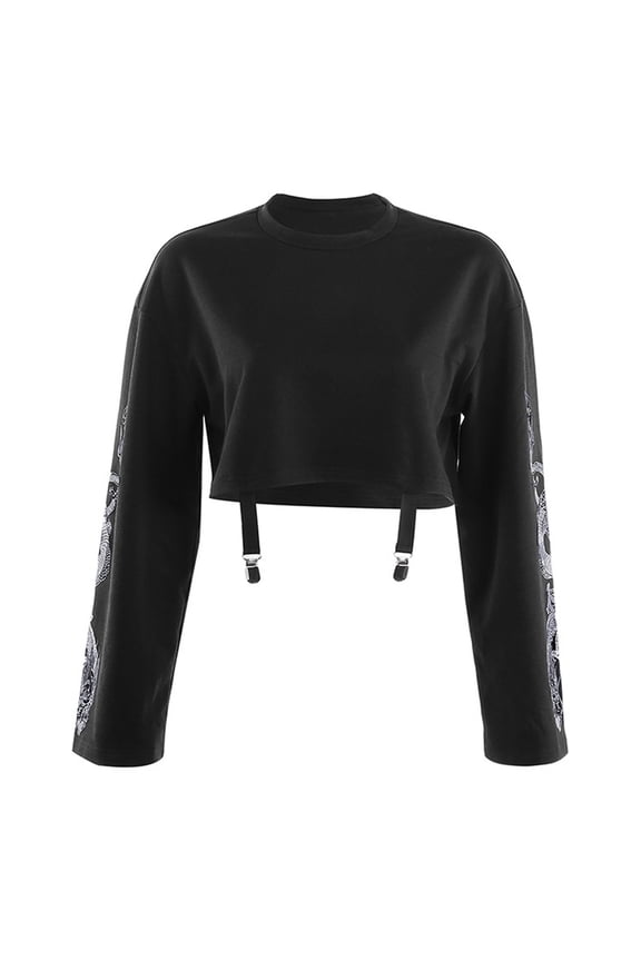 Women Dark Goth Black Long Sleeve Sweatshirt Harajuku Gothic Punk Vintage Grunge Dragon Printed Loose Pullover Crop Top