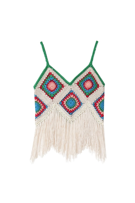 Women Ethnic Spaghetti Strap Camisole Boho Crochet Contrast Colored Diamond Plaid Crop Top Fringe Tassels Hem Knitted Hippie Sling Vest Beachwear