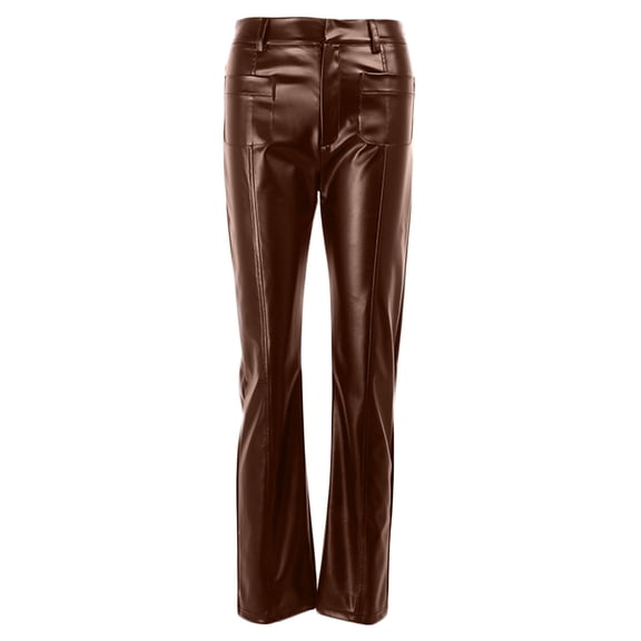 Yokua Women Faux Leather Long Pants High Waist Double Pockets Slim Straighg Trousers