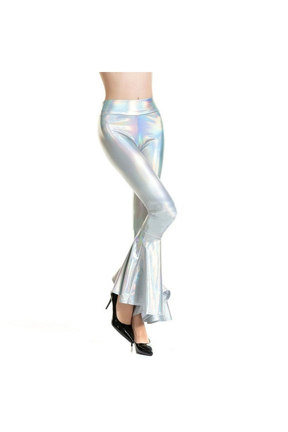 Women Flares Shiny Leggings Laser-Metallic Wide Leg Pants Club Trousers