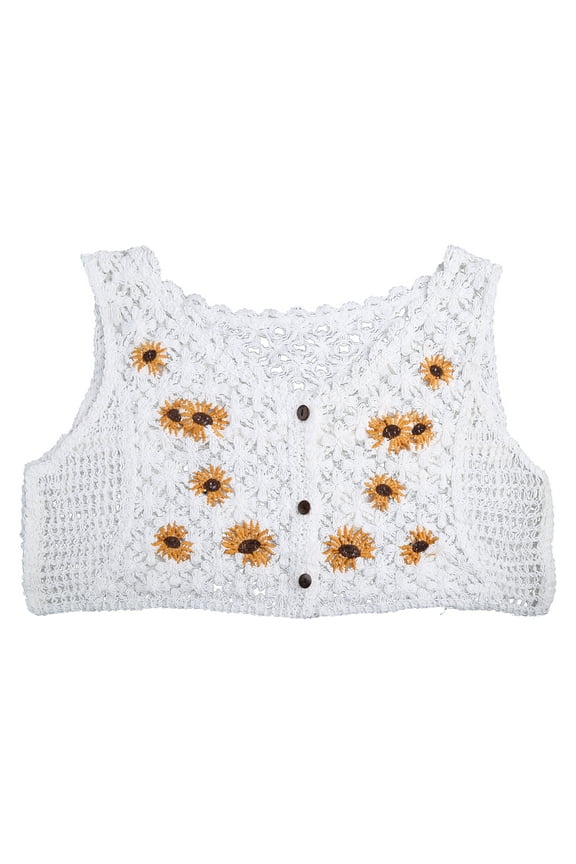 Women French Style Vintage Crochet Knit Vest Waistcoat Sweet Daisy Flower Embroidery Button Sleeveless Cropped Cardigan