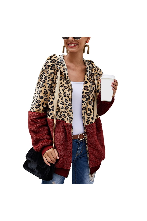 Women Fuzzy Plush Hoodie for Jacket Leopard Patchwork Sweatshirt Zip Up Outwear