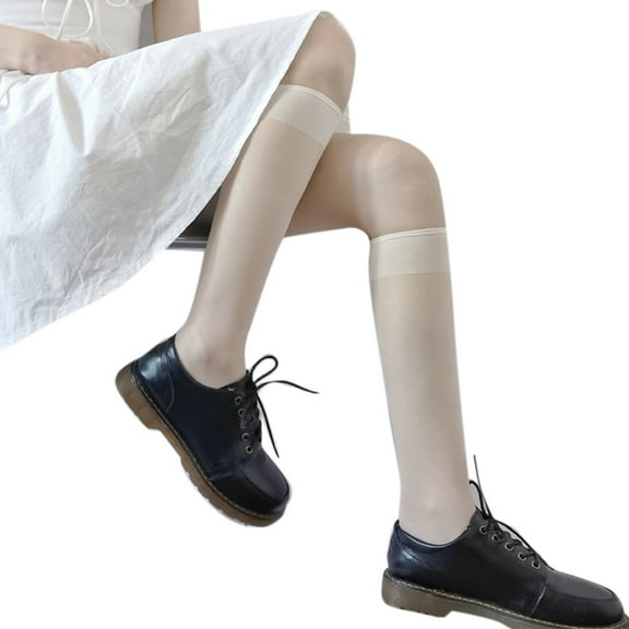 Yokua Women Girls Summer Transparent Silky Calf Socks Classic Retro Simple Solid Color Japanese Lolita Sheer Knee High Long Stockings Hosiery