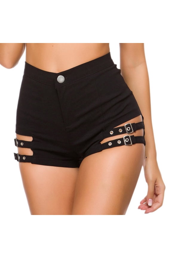 Women Goth Black Mini Shorts Sexy Hollowed Metal Buckled Disco Party Hot Pant