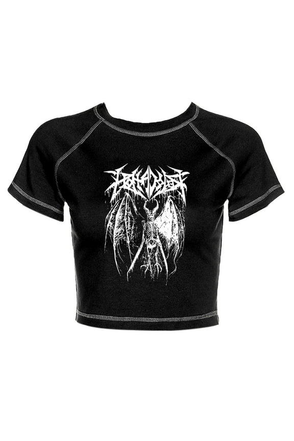 Women Gothic Punk Short Sleeve Crop Top Harajuku Demon Skeleton Wing Graphic Print Black T-Shirt Grunge Slim Streetwear