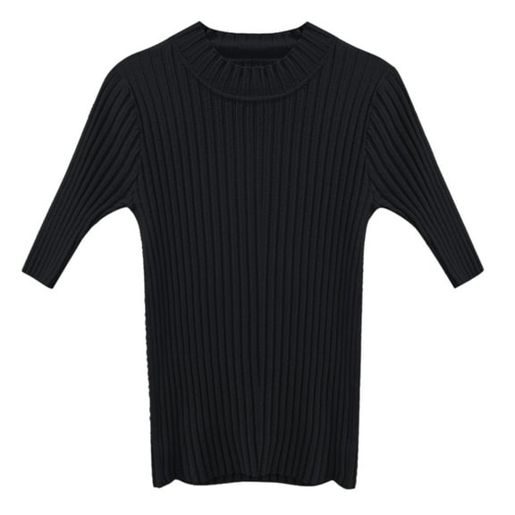 Yokua Women Half Sleeve T-Shirt Mock Turtleneck Ribbed Knit Plain Slim Sweater Top