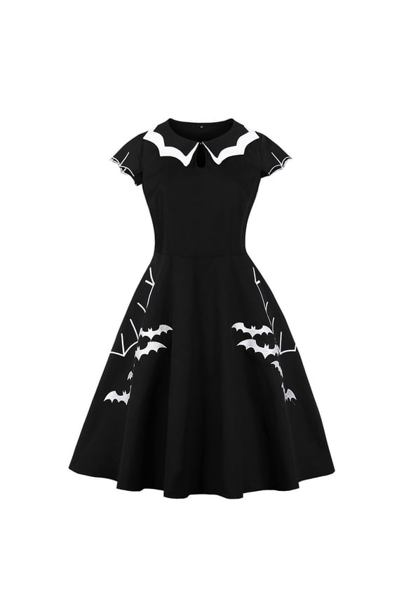 Women Halloween Short Sleeve Keyhole Swing Dress Bat Embroidery Cosplay Clubwear