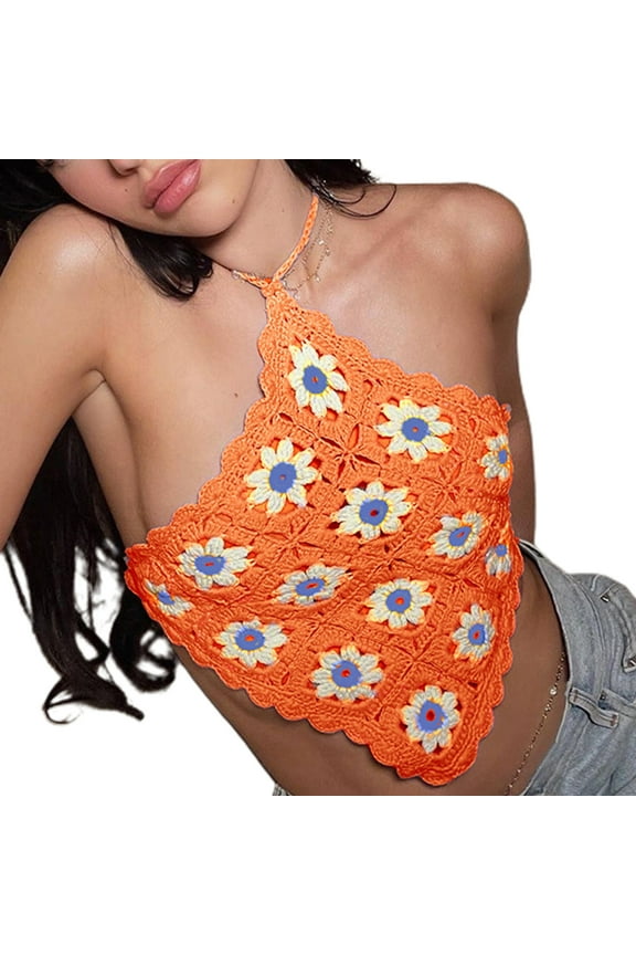 Women Hollow Crochet Knit Cami Crop Top Plaid Floral Sexy Halter Backless Vest