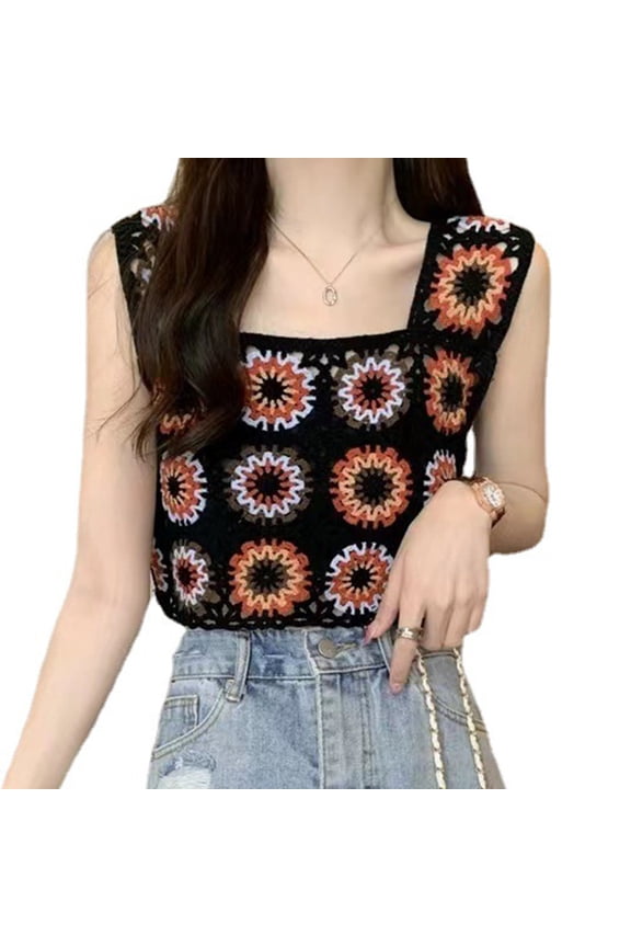 Women Hollow Out Crochet Knit Camisole Embroidery Colorful Floral Crop for Tank