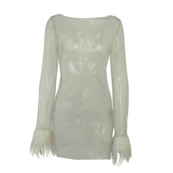 Yokua Women Hollow Out Transparent Mesh Shimmer Feather Sleeves Mini Dress Clubwear