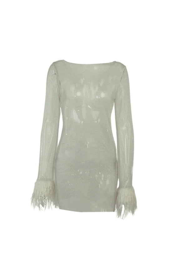 Women Hollow Out Transparent Mesh Shimmer Feather Sleeves Mini Dress Clubwear