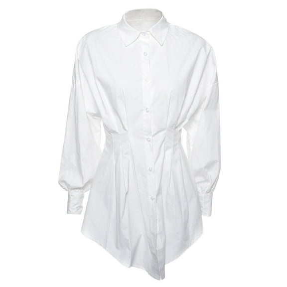 Yokua Women Lantern Sleeve Sexy Lapel Deep V-Neck Mini Blouse Dress Button Down Solid Color Pleated Empire Waist Clubwear